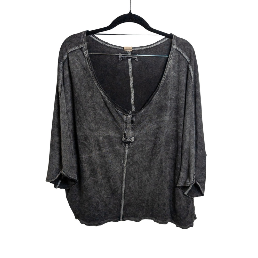 Free People First Base Henley Top Women M Gray Distressed Slouchy Boho Grunge